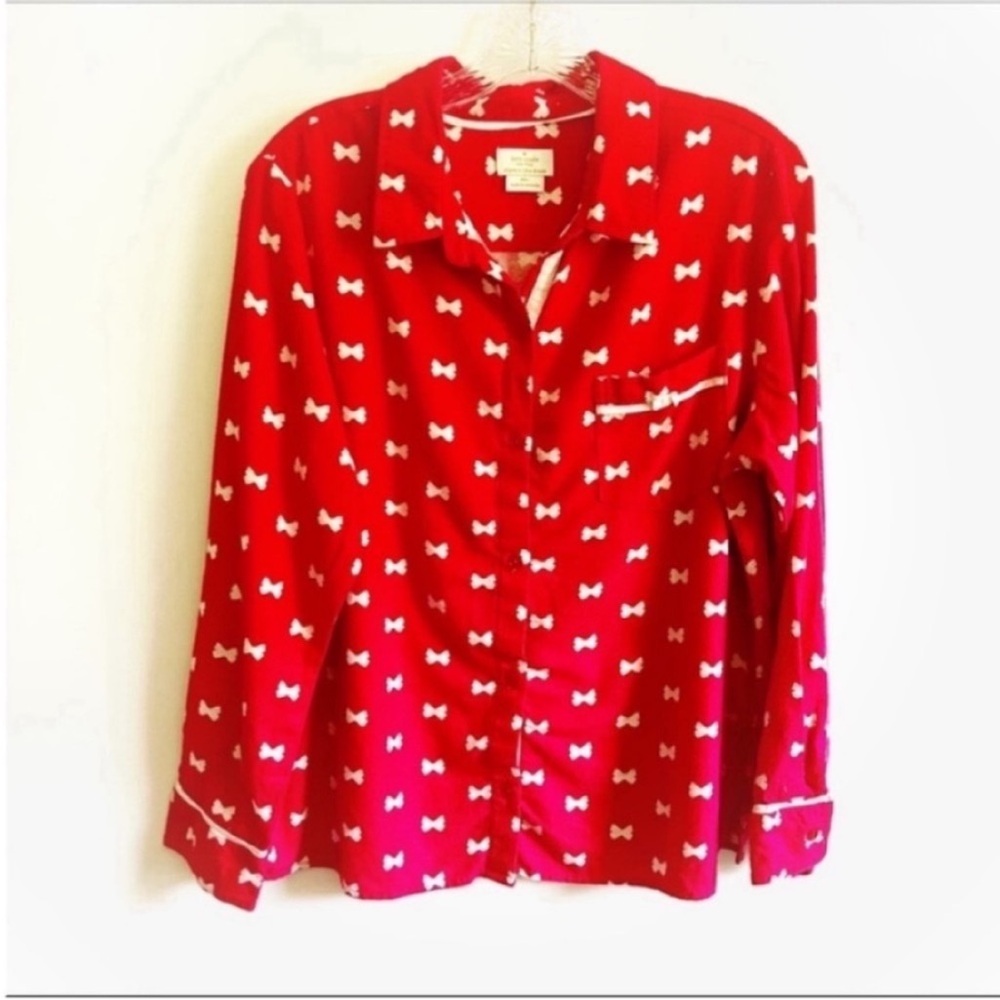 Kate Spade pajama top red white button front bows flannel pocket - Picture 2 of 8